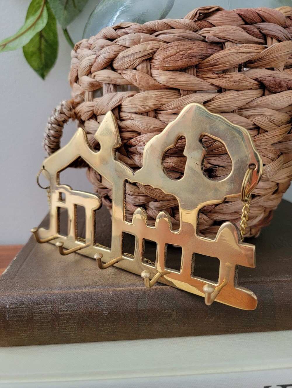Vintage Brass Key Holder Wall Hooks Figural House Tree Picket Fence 80s Decor